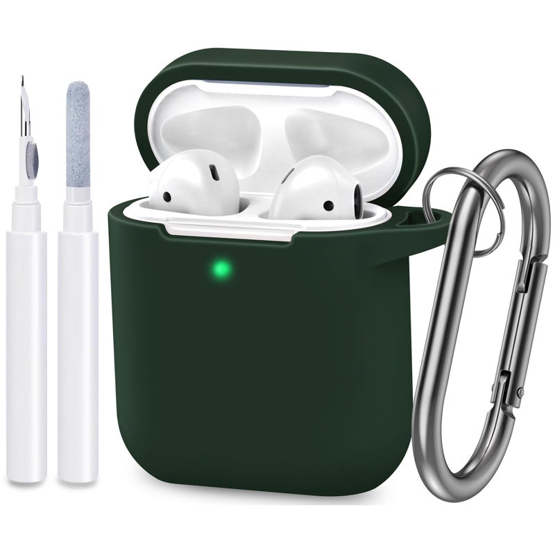 ATUAT Compatible with AirPods Case Cover, Full Protective Silicone Skin Dust-Proof Designed for Apple AirPods 1st 2nd Generation with Keychain, Front LED Visible, Dark Green - Image 1